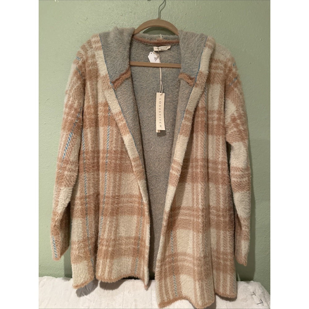 Lovestitch Plaid Fuzzy Hooded Open Front Cardigan Western, Prairie core,New M/L